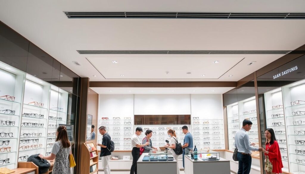 A well-lit, modern spectacle hut situated in the bustling heart of Singapore. The storefront features sleek, minimalist design with large windows showcasing an array of stylish eyewear. Inside, the space is bright and airy, with clean lines and a professional, yet inviting atmosphere. Customers browse through neatly organized display cases, examining a diverse selection of frames in various shapes, colors, and materials. The store's knowledgeable staff assist patrons, ensuring a personalized and hassle-free shopping experience. The spectacle hut's strategic location, convenient accessibility, and comprehensive product range make it a go-to destination for Singaporeans seeking high-quality, fashionable eyewear.