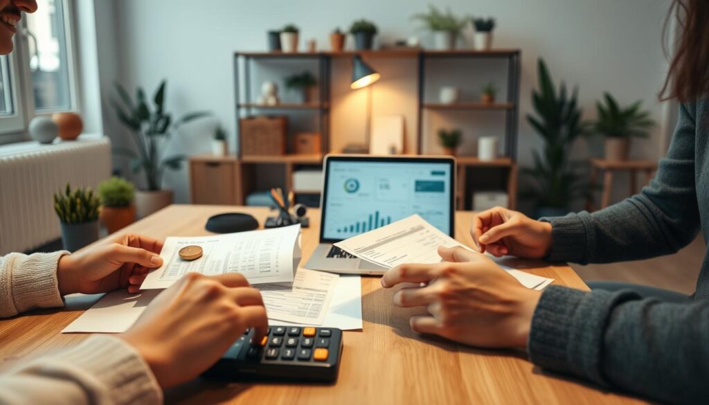 A well-lit office desk with a couple carefully managing their joint account documents. In the foreground, a couple's hands interacting with financial statements, receipts, and a calculator. In the middle ground, a laptop displaying a joint account dashboard, with charts and graphs. In the background, a cozy, minimalist home office setting with shelves, plants, and warm lighting. The scene conveys a sense of organization, collaboration, and financial responsibility.
