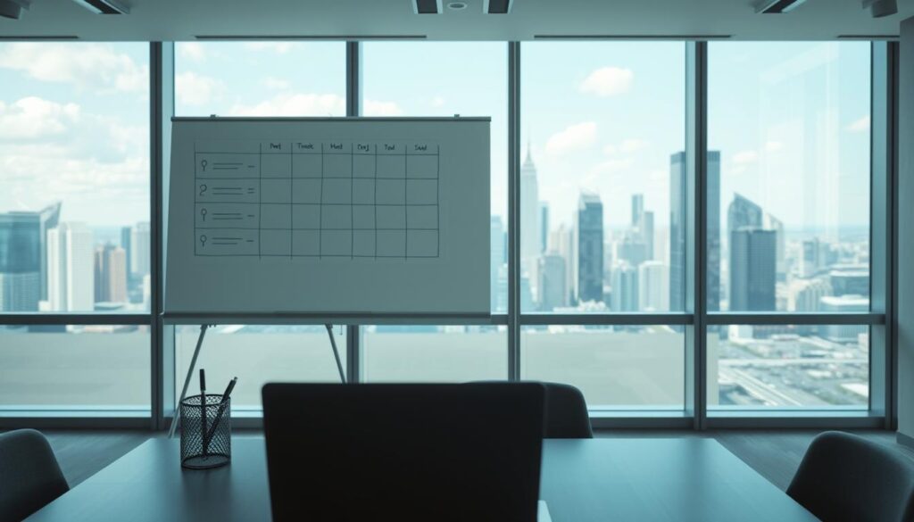A well-lit office interior, with a clean, modern aesthetic. In the foreground, a desk with a laptop and a pen holder, suggesting an ongoing evaluation process. Behind it, a large whiteboard with a grid-like structure, representing a methodical approach to workplace assessment. In the background, floor-to-ceiling windows provide a panoramic view of a vibrant city skyline, symbolizing the broader context in which the evaluation takes place. The overall atmosphere is one of professionalism, efficiency, and a focus on data-driven decision-making.
