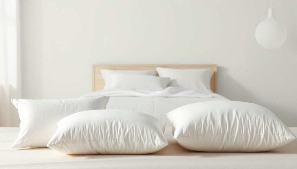 A well-lit, realistic studio scene depicting a comparative visual of various standard pillow sizes. Prominently featured in the foreground are a range of plush, high-quality pillows in different sizes - small, medium, and large - placed side by side on a clean, neutral-colored surface. The middle ground showcases the pillows in the context of a standard-sized bed, allowing the viewer to gauge the proportional fit. The background maintains a simple, minimalist aesthetic, allowing the pillows to be the focal point. Subtle directional lighting casts gentle shadows, accentuating the textures and volumes of the pillows. The overall composition is balanced, informative, and visually appealing, conveying a sense of comfort and practicality.
