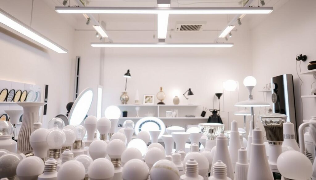 A well-lit room showcasing an array of affordable LED lighting options. In the foreground, an assortment of modern, sleek LED bulbs and fixtures in various shapes and sizes. In the middle ground, a selection of LED strip lights and lamps with adjustable brightness and color temperatures. The background features a minimalist, white-walled setting, highlighting the energy-efficient and cost-effective nature of the LED lighting solutions. The scene conveys a sense of practicality, style, and budgetary-consciousness, suitable for a "Budget-Friendly Lighting Tips" section of an article about the best lighting shops in Singapore.