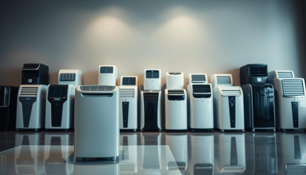 A well-lit showroom showcasing a variety of portable air conditioners. In the foreground, a sleek, modern unit with a minimalist design sits on a clean, reflective surface. The middle ground features a selection of different models, each with distinct features and capacities, arranged in an organized display. The background subtly fades into a muted, neutral tone, allowing the air conditioners to take center stage. The lighting is soft and even, highlighting the units' textures and finishes. The overall scene conveys a sense of thoughtful curation, inviting the viewer to closely examine the portable cooling solutions on offer.