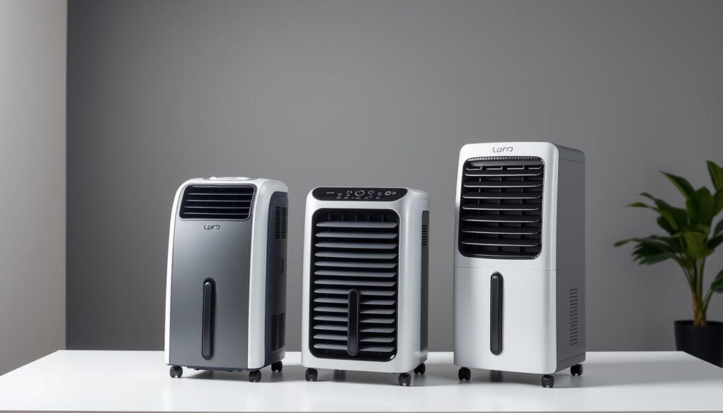 A well-lit studio scene showcasing the top portable air cooler models in Singapore. The foreground features three sleek, modern air coolers in different sizes and designs, arranged on a clean white table. The middle ground has a neutral gray backdrop, allowing the products to stand out. Soft, directional lighting from the left illuminates the coolers, creating subtle shadows and highlights that accentuate their forms and features. The background is slightly blurred, maintaining focus on the foreground products. The overall mood is professional, showcasing the high-quality, high-performance nature of these top-rated air cooler models.