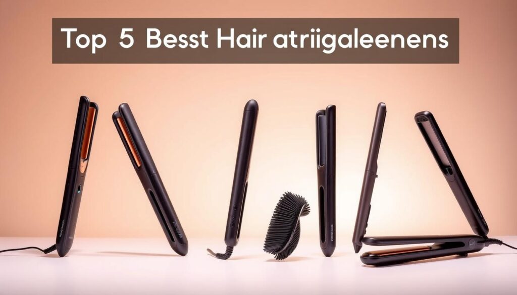 A well-lit studio setup showcasing five premium hair straighteners arranged in a visually appealing display. The straighteners are positioned at different angles, capturing their sleek designs and unique features. The lighting is soft and diffused, creating a warm, professional atmosphere. The background is a neutral, muted color that allows the products to take center stage. The image conveys a sense of high-quality, modern, and desirable hair styling tools that would be suitable for the "Top 5 Best Hair Straighteners in Singapore" section of the article.