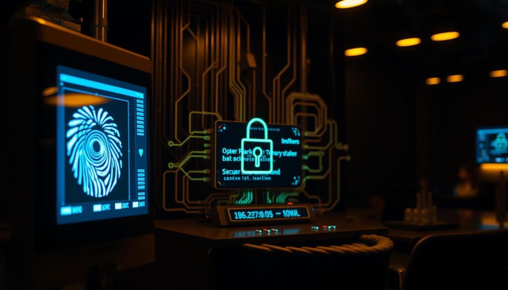 A well-secured application process with layers of protection. In the foreground, a biometric security scanner verifies user identity through iris or fingerprint scanning. In the middle ground, a secure data encryption module scrambles sensitive information, ensuring its confidentiality. In the background, a robust firewall monitors network traffic, shielding the system from unauthorized access. The scene is illuminated by warm, focused lighting, creating a sense of professionalism and reliability. The camera angle is slightly elevated, conveying the comprehensive nature of the security measures in place. The overall mood is one of trust, safety, and technological sophistication.