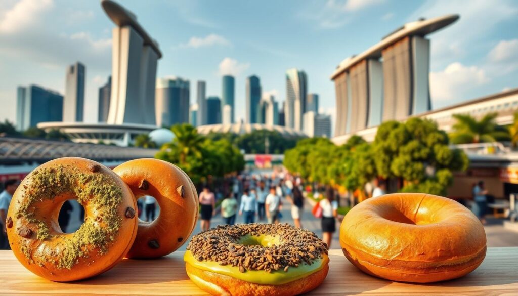 A whimsical arrangement of unique bagel flavors against the vibrant backdrop of a Singaporean cityscape. In the foreground, a selection of artisanal bagels in flavors like matcha, pandan, and chili crab, each meticulously crafted with intricate details. The middle ground features a bustling street scene, with locals and tourists alike enjoying these innovative creations. In the background, the iconic skyline of Singapore, its modern architecture and lush greenery creating a dynamic and visually striking environment. The lighting is warm and inviting, casting a golden glow over the entire scene, heightening the appetizing allure of these one-of-a-kind bagel flavors.