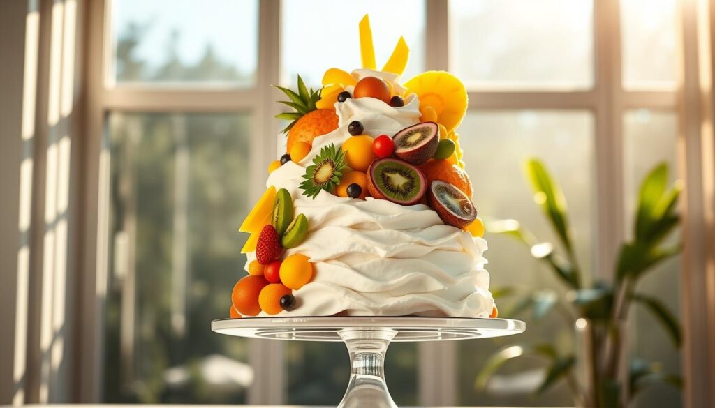 A whimsical, custom-designed birthday cake set against a bright, airy background. The cake is a luscious, multi-tiered fruit cake adorned with an array of vibrant tropical fruits - pineapple, mango, kiwi, and passionfruit. The frosting is a delicate, billowy Swiss meringue, complementing the fresh fruit accents. Sunlight filters in through large windows, casting a warm, golden glow on the scene. The cake is positioned on a sleek, modern cake stand, showcasing its elegant design. The overall atmosphere is one of celebration, highlighting the versatility and customizability of fruit cakes for any special occasion.