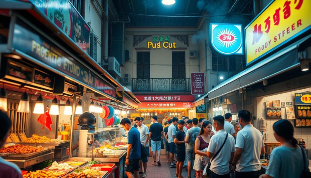 Amoy Street Food Center: a bustling hub of culinary innovation, where the aroma of traditional Singaporean dishes mingles with the scent of modern culinary creations. In the foreground, vibrant stalls serve up a symphony of flavors, from sizzling satay to steaming bowls of laksa. The middle ground reveals a mix of locals and curious diners, their faces alight with delight as they savor each bite. In the background, the historic shophouse facades provide a striking contrast, blending the old and the new. Warm, diffused lighting casts a cozy glow, inviting exploration and discovery. This image captures the essence of Amoy Street Food Center - a place where the rich tapestry of Singaporean cuisine is woven together with a spirit of experimentation and innovation.