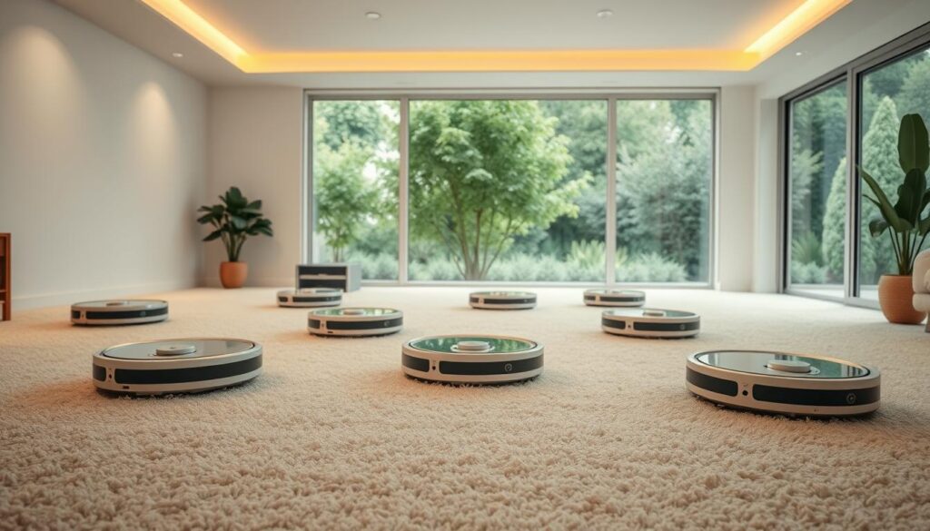 An array of sleek, high-tech robot vacuums navigates a cozy living room filled with plush, beige carpeting. The robots move with precision, their compact, disc-shaped forms gliding silently across the soft fibers. Gentle, warm lighting emanates from recessed ceiling fixtures, casting a welcoming glow and highlighting the robots' polished, minimalist designs. In the background, a large window offers a glimpse of a lush, verdant garden, creating a serene, nature-inspired ambiance. The overall scene conveys the efficiency and convenience of these cutting-edge cleaning companions, perfectly suited for maintaining spotless carpets in the comfort of a modern home.