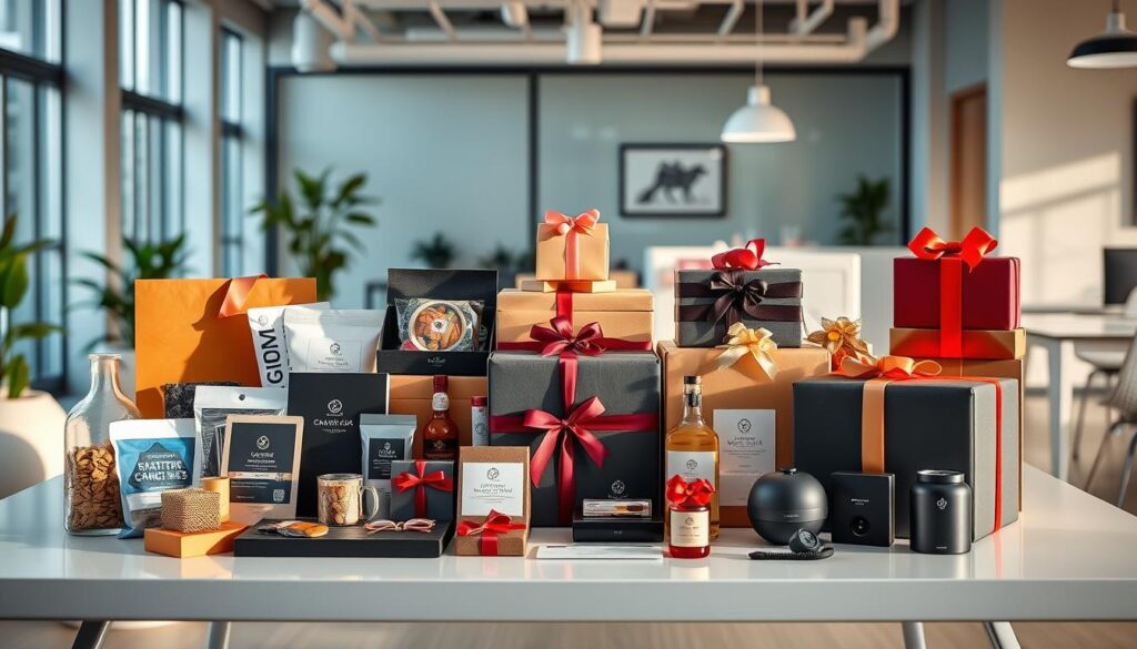 An assortment of high-quality corporate gifts arranged on a sleek, minimalist table in a well-lit, modern office setting. The foreground features a variety of thoughtful items like stylish desk accessories, gourmet snacks, and tech gadgets, all showcasing a range of price points to suit any budget. The middle ground displays neatly stacked gift boxes in a harmonious color palette, while the background depicts a clean, airy workspace with large windows and subtle office decor. The lighting is soft and natural, creating a professional, yet inviting atmosphere that highlights the diverse corporate gift options. An assortment of high-quality corporate gifts arranged on a sleek, minimalist table in a well-lit, modern office setting. The foreground features a variety of thoughtful items like stylish desk accessories, gourmet snacks, and tech gadgets, all showcasing a range of price points to suit any budget. The middle ground displays neatly stacked gift boxes in a harmonious color palette, while the background depicts a clean, airy workspace with large windows and subtle office decor. The lighting is soft and natural, creating a professional, yet inviting atmosphere that highlights the diverse corporate gift options.