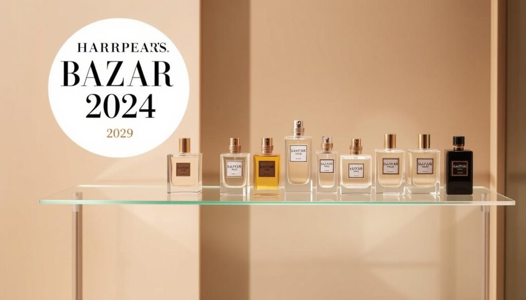 An award-winning perfume collection displayed on a sleek, modern glass display shelf. The fragrances are presented in elegant, minimalist bottles with clean lines and subtle metallic accents. The lighting is soft and diffused, creating a warm, inviting ambiance. The background is a muted, natural-toned wall, allowing the perfumes to be the focal point. The overall composition is visually striking, showcasing the collection's sophistication and attention to detail. The scene exudes a sense of luxury and exclusivity, reflecting the prestige of the Harper's BAZAAR 2024 Award.