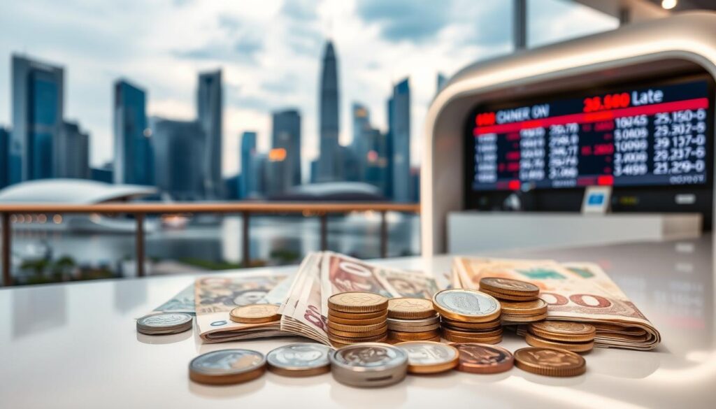An illustration of various currency exchange rates in Singapore, captured through a high-quality macro lens. The foreground features a crisp, detailed display of bills and coins from different countries, neatly arranged on a clean, minimalist surface. The middle ground showcases a modern, sleek currency exchange counter, with a digital screen displaying the current exchange rates. In the background, a blurred cityscape of Singapore's iconic skyscrapers and landmarks sets the scene, evoking a sense of a thriving financial hub. The overall mood is one of precision, professionalism, and the importance of finding the best currency exchange services in the city.