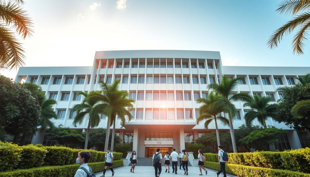 An imposing facade of a multi-story public school building in Singapore, with clean lines and a sleek, modern design. The structure is surrounded by lush greenery, with manicured hedges and towering palm trees framing the entrance. Sunlight streams through the large, panoramic windows, casting a warm, inviting glow over the scene. Students in crisp uniforms move purposefully through the grounds, carrying backpacks and chatting with friends. The overall impression is one of a well-maintained, world-class educational institution, reflecting Singapore's commitment to providing exceptional public schooling.