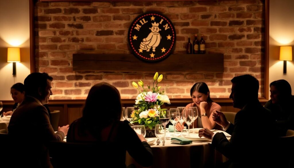 An intimate Italian dining scene in Singapore, with a Michelin star emblem prominently displayed. Soft, warm lighting casts a cozy glow over the elegant table setting, complete with fine china, crystal glassware, and a centerpiece of fresh flowers. In the background, a wall of exposed brick and wood accents lend an authentic, rustic ambiance. The foreground features the silhouettes of well-dressed diners enjoying their meal, their expressions reflecting the joy and satisfaction of an exceptional culinary experience. A sense of sophistication and exclusivity permeates the atmosphere, hinting at the prestige and quality associated with Michelin-starred establishments.