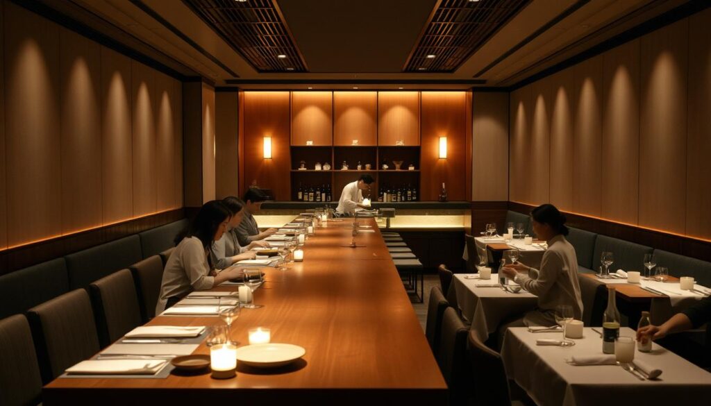 An intimate, candlelit dining room in a Dempsey Hill restaurant, with a minimalist Japanese aesthetic. At the center, a long wooden counter where a skilled sushi chef meticulously prepares a multi-course omakase menu. Diners seated along the counter, captivated by the chef's artful presentations of the freshest sashimi, each slice a perfect balance of flavor and texture. Soft lighting casts a warm glow, creating a serene and immersive atmosphere. Delicate ceramics, crisp linens, and a carefully curated selection of sake bottles complete the refined, authentic Japanese experience.