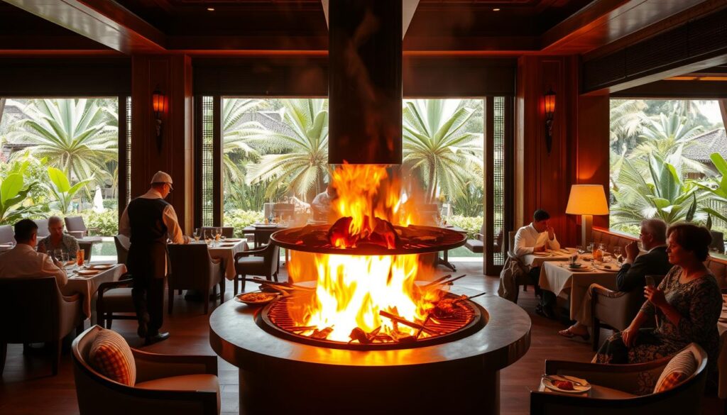 An intimate dining area in Oud Restaurant, with a large firewood-burning grill prominently displayed in the center. The grill casts a warm, flickering light across the space, illuminating the rustic wood-paneled walls and elegant Southeast Asian decor. The aroma of sizzling meat and charred vegetables fills the air, creating a tantalizing sensory experience. In the foreground, chefs skillfully tend to the grill, expertly grilling an array of halal meats and seafood. The middle ground features cozy seating arrangements, where diners eagerly await their grilled specialties. The background showcases a lush, tropical garden visible through large windows, adding to the tranquil, yet lively ambiance.