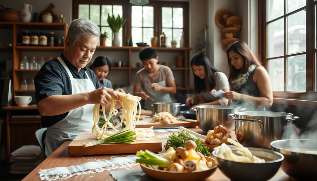 An intimate udon cooking class in a cozy Singaporean kitchen. In the foreground, a chef expertly kneads and stretches the dough, their hands moving with practiced precision. The middle ground showcases an array of fresh ingredients - glistening spring onions, tender mushrooms, and a steaming pot of dashi broth. Soft, natural light filters in through large windows, casting a warm glow over the scene. Wooden shelves line the walls, filled with jars of spices and traditional Japanese cookware. The atmosphere is one of quiet focus and culinary exploration, as students lean in, eager to learn the art of handmade udon noodles.