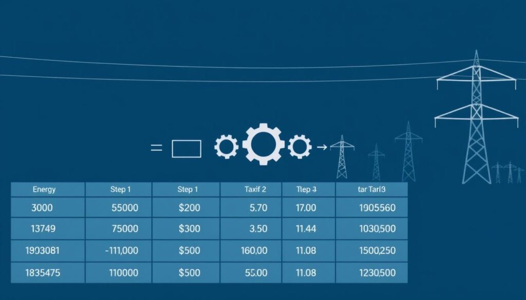 An intricate diagram depicting the step-by-step calculation of electricity tariffs. A crisp, technical illustration with clean lines and a minimalist color palette of blues, grays, and blacks. In the foreground, a grid of numerical values and formulas representing the various components that determine the final tariff, such as energy usage, transmission costs, and taxes. In the middle ground, a series of gear-like icons symbolizing the complex machinery and processes involved in electricity generation and distribution. The background features a stylized power grid or electrical substation, conveying the larger infrastructure that enables the tariff calculation. Detailed yet uncluttered, the image projects a sense of precision and professionalism to accompany the article's explanatory content.