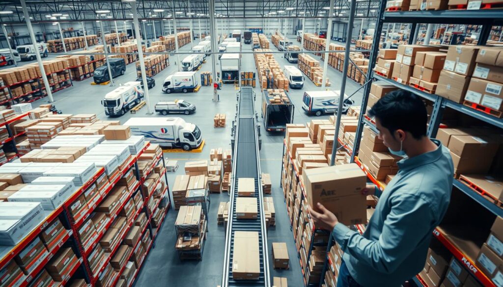 An overhead view of a modern e-commerce fulfillment center, with rows of shelves stocked with neatly packaged products. In the foreground, a worker carefully selects and packs an order, their movements captured in a shallow depth of field. The middle ground features a conveyor belt system transporting parcels, while the background showcases automated sorting machines and loading docks with delivery trucks. The scene is illuminated by bright, diffused lighting, creating a sense of efficiency and organization. The overall atmosphere conveys the seamless integration of technology and human labor in a well-oiled e-commerce shipping operation.