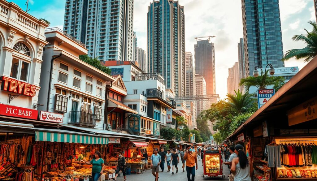 An urban landscape showcasing the vibrant, eclectic shopping scene of Singapore. In the foreground, a bustling outdoor market filled with local vendors peddling handcrafted goods, colorful textiles, and artisanal snacks. The middle ground features a mix of heritage shophouses and modern high-rises, their facades adorned with neon signs and striking architecture. In the background, towering skyscrapers and lush greenery create a dynamic skyline. Warm, golden lighting bathes the scene, evoking a lively, energetic atmosphere. Captured with a wide-angle lens to encompass the diverse array of local brands and hidden shopping gems that make Singapore's retail landscape so unique.