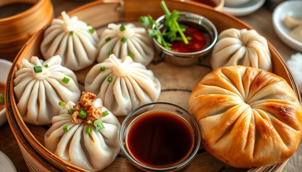 Authentic dim sum dishes, freshly prepared with care, arranged elegantly on a bamboo steamer. Delicate dumplings filled with savory pork, shrimp, and vegetables, accompanied by fragrant sauces. Vibrant green chives and cilantro add a touch of freshness, while the soft, pillowy texture of the buns contrasts with the crisp, golden-brown exterior. The scene is illuminated by warm, natural lighting, casting a cozy glow over the table, inviting you to savor the rich, authentic flavors of Chinatown Singapore.