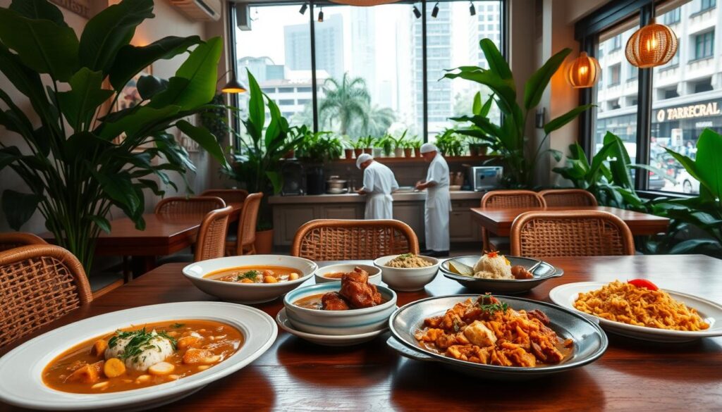Bandung family recipes in a vibrant Singapore setting. A cozy, sun-dappled indoor dining space, with wooden tables and rattan chairs. In the foreground, an array of traditional Sundanese dishes - soto ayam, tahu telur, and nasi goreng, artfully presented on vintage ceramic platters. The middle ground showcases the bustling open kitchen, where chefs in crisp white uniforms skillfully prepare the beloved family recipes. Lush tropical plants and warm ambient lighting create a welcoming, homely atmosphere. In the background, a large window offers a glimpse of the bustling city streets outside, blending the comforts of home with the energy of Singapore.
