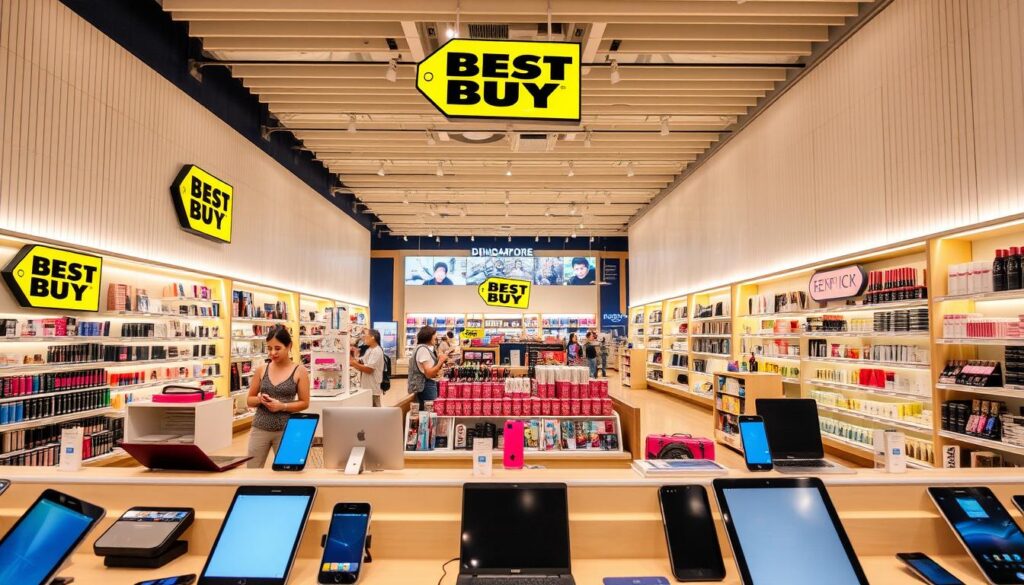 Best Buy Singapore: a bustling electronics and cosmetics emporium, its shelves brimming with the latest gadgets and beauty products. In the foreground, an array of sleek smartphones, laptops, and tablets beckons, their screens reflecting the warm, diffused lighting from overhead. In the middle ground, rows of makeup and skincare items are displayed, their vibrant packaging catching the eye. The background reveals the store's expansive layout, with towering aisles and a modern, minimalist aesthetic. The scene conveys a sense of technological innovation and consumer-centric sophistication, inviting shoppers to explore the diverse offerings of this renowned Singaporean retailer.