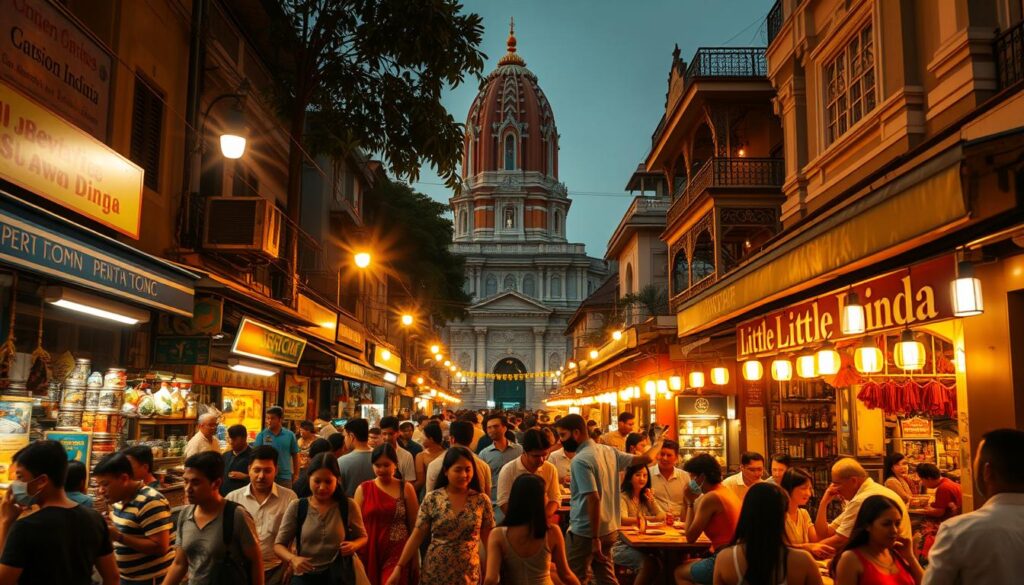 Bustling Little India dining scene, bustling with life and vibrant energy. In the foreground, a crowded street with an array of colorful stalls, vendors, and pedestrians weaving through the chaos. The middle ground features a lively outdoor dining area, with families and friends enjoying fragrant Indian dishes under the warm glow of string lights. In the background, the ornate facades of historic shophouses and temples rise up, creating a sense of timeless tradition. Warm, golden sunlight filters through the scene, casting a inviting, atmospheric mood. Captured with a wide-angle lens to showcase the dynamic, immersive experience of dining in this iconic Singaporean neighborhood.