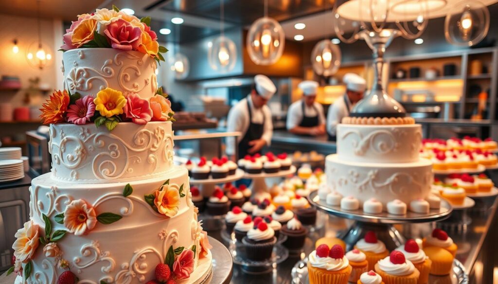 Celebration cakes Singapore: a vibrant display of decadence and joy. In the foreground, a towering multi-tier cake adorned with intricate floral designs, fresh fruits, and glistening icing. The middle ground showcases an assortment of smaller cakes - mini cupcakes, bite-sized tarts, and elegant single-serve desserts. The background is a lively scene of a bustling bakery, with warm lighting highlighting the skilled pastry chefs at work. The atmosphere exudes a sense of celebration, with the cakes as the centerpiece of an occasion brimming with festivity and delight. Captured with a wide-angle lens, the image conveys a sense of grandeur and invites the viewer to indulge in the delectable creations.