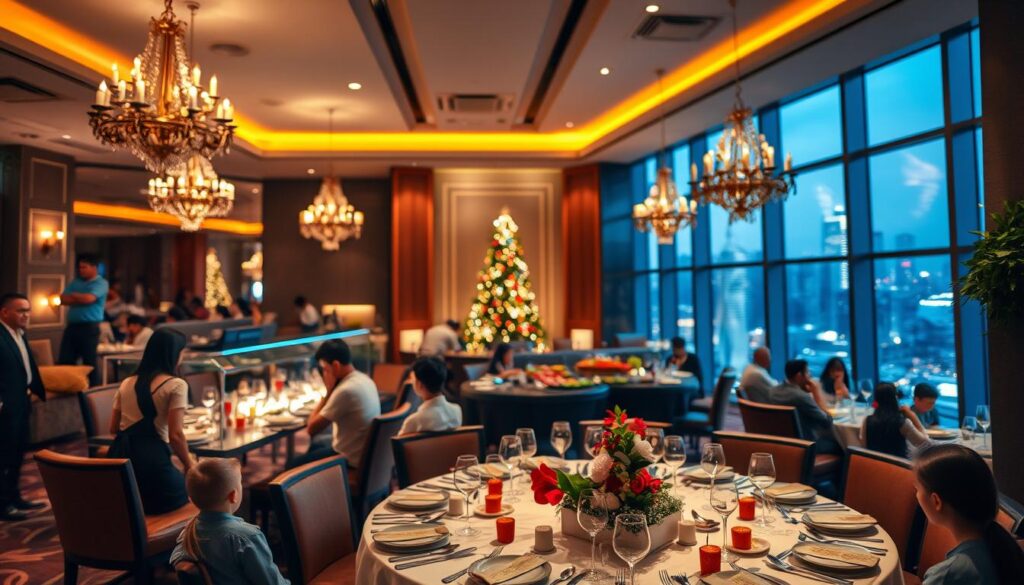 Christmas Eve dining in Singapore: A cozy restaurant interior with warm, festive lighting illuminating a lavish buffet spread. In the foreground, a table is set with fine china, silverware, and festive table decor, surrounded by families and friends enjoying a holiday feast. The middle ground features a panoramic view of the restaurant, with high ceilings, ornate chandeliers, and large windows offering a glimpse of the lively city skyline outside. The background is softly blurred, creating a sense of depth and atmosphere. The overall mood is one of celebration, indulgence, and the spirit of the Christmas season.