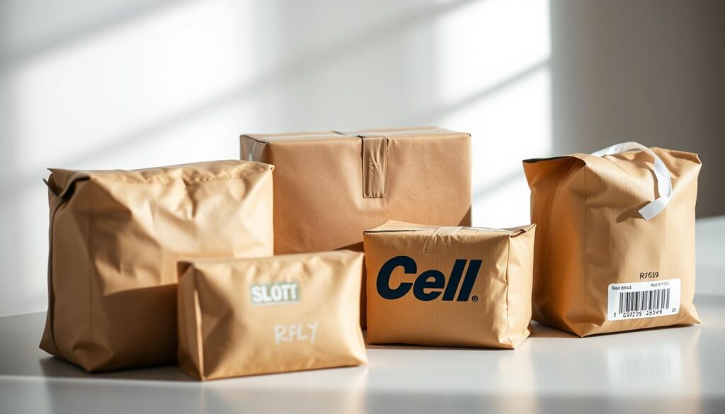 Comparing courier services: A clean, professional composition showcasing various delivery packages side-by-side, set against a softly blurred background. The packages are lit from above, casting subtle shadows that create depth and dimension. The arrangement is balanced, with the packages strategically placed to allow for easy comparison of size, color, and branding. The overall mood is one of efficiency, reliability, and attention to detail - qualities essential when selecting the best courier service for one's shipping needs.