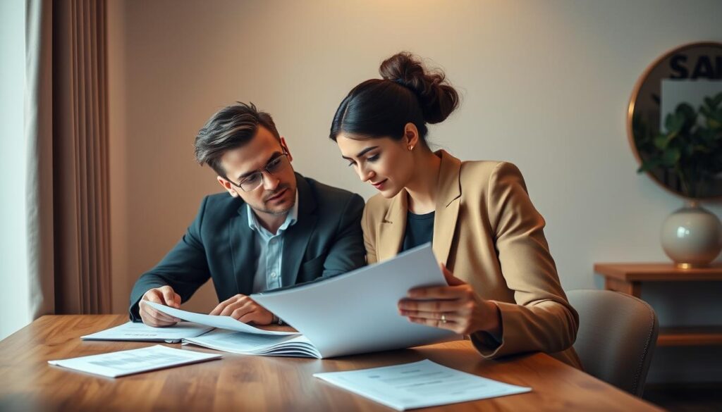 Couple sitting at a wooden table, carefully reviewing financial documents and discussing joint account management. Warm, soft lighting illuminates their focused expressions as they collaborate on budgeting, savings, and investments. Elegant, minimalist decor frames the scene, creating a serene, professional atmosphere. The man and woman, dressed in smart casual attire, lean in towards each other, conveying a sense of partnership and mutual understanding. Their body language reflects the benefits of a joint account - trust, transparency, and a shared financial future.