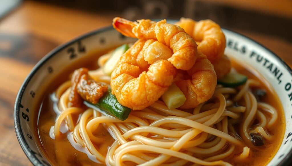Crisp golden tempura shrimp and vegetables nestled atop a steaming bowl of chewy udon noodles, bathed in a savory, umami-rich broth. The tempura is lightly battered, perfectly crisp, and glistening under warm, focused lighting. The noodles are thick, springy, and immersed in a clear, soy-based sauce. The composition is centered, with the tempura and noodles filling the frame. The background is blurred, creating a sense of depth and focus on the delectable dish. The overall mood is one of mouthwatering anticipation, highlighting the textures and flavors of this classic Japanese pairing.