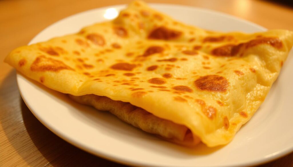 Crispy roti prata, freshly fried, glistening with ghee, golden-brown and delectable. Crisp exterior, soft and fluffy interior, folded into a perfect square, ready to be dipped in a rich, spicy curry. Situated on a simple white plate, the prata is the star, with a slight curl at the edges, beckoning to be savored. Warm, inviting lighting casts a soft glow, highlighting the intricate layers and flaky texture. The composition is clean and uncluttered, allowing the roti prata to take center stage, capturing its mouthwatering essence for the ultimate Singaporean dining experience.