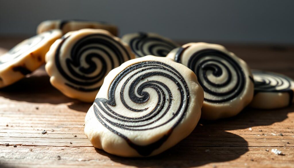 Delicate charcoal-infused cookies, freshly baked, resting on a rustic wooden surface. The dark hues of the charcoal create an elegant contrast against the light dough, with subtle swirls and patterns throughout. Soft natural lighting casts gentle shadows, highlighting the cookies' delicate texture. In the background, a simple, minimalist setting with muted tones complements the refined, sophisticated appearance of the charcoal-infused treats. The overall composition exudes an air of refined elegance, reflecting the essence of the "Gin Thye: Charcoal-Infused Elegance" section.