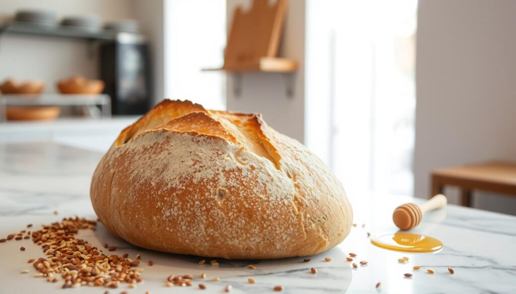 Delicate sourdough bread, its crust a warm golden hue, rests on a marble counter in a cozy Korean-inspired bakery. Scattered around it are an assortment of whole grains, sesame seeds, and a drizzle of honey, hinting at the artisanal flavors within. Soft, diffused lighting illuminates the scene, casting subtle shadows and highlighting the rustic, handcrafted details. The bakery's clean, minimalist decor sets the stage, conveying a sense of refined simplicity. This Korean-inspired sourdough from Lean & Rich Bakery is a tempting, artisanal delight, ready to be savored by discerning foodies.