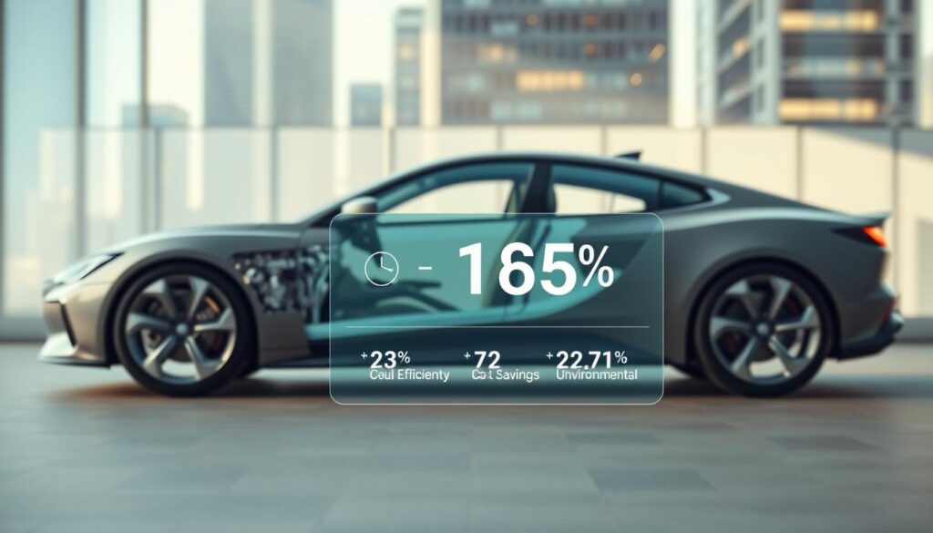 Detailed 3D rendering of a sleek hybrid car with a transparent side panel showcasing its inner components, set against a backdrop of a modern urban cityscape. The car is illuminated by soft, natural lighting, casting subtle shadows and highlights on its aerodynamic body. In the foreground, a floating infographic displays the car's impressive fuel efficiency, cost savings, and environmental impact, presented with clean, minimalist typography. The overall composition conveys a sense of technological innovation, environmental consciousness, and financial benefits associated with owning a hybrid vehicle.