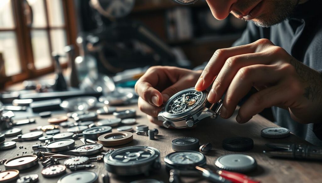 Detailed close-up view of a professional watchmaker's workbench, well-lit with soft natural lighting streaming in from a window. Numerous watch parts, tools, and magnifying glasses are neatly arranged, conveying a sense of precision and care. The focal point is a disassembled wristwatch, its intricate mechanism exposed, with the watchmaker's hands delicately working on it. The background is blurred, emphasizing the meticulous focus on the watch maintenance process. The overall mood is one of quiet concentration, technical expertise, and reverence for the craft of horology.