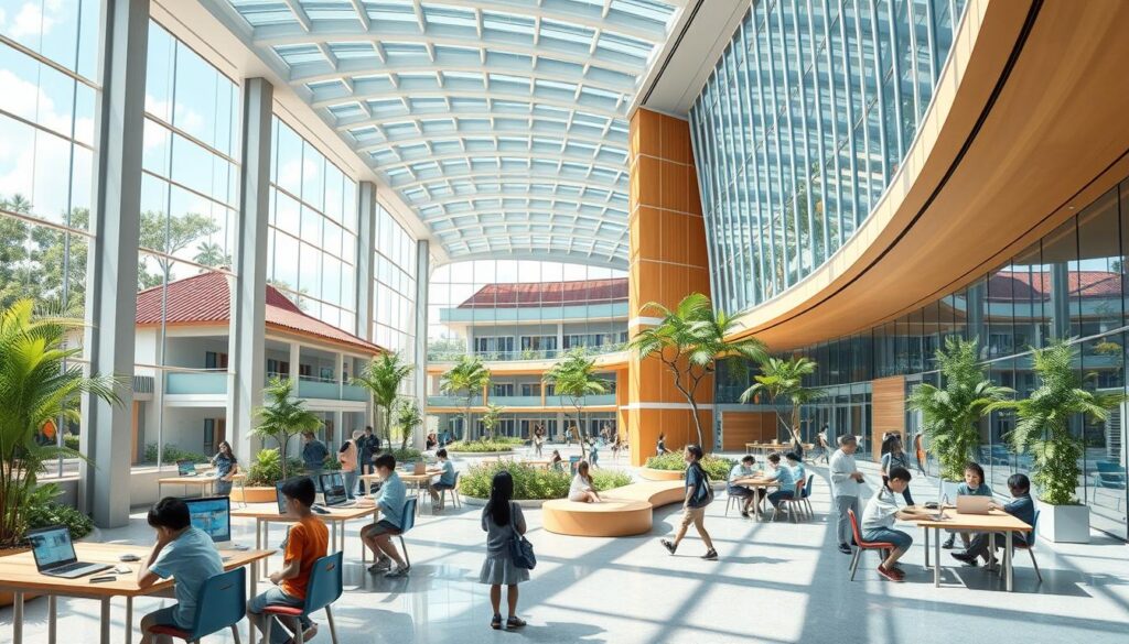 Detailed rendering of a modern, well-equipped Singapore school campus with a hybrid curriculum. Vibrant, sun-dappled architecture blending traditional and contemporary elements. Sweeping vistas of lush greenery and angular glass facades. Students engaged in diverse learning activities - coding, robotics, arts, and sports - in dynamic, technology-infused spaces. Thoughtful integration of natural light, clean lines, and innovative design, creating an inspiring, future-focused educational environment. Cinematic, documentary-style perspective capturing the synergy of this unique curriculum in action.