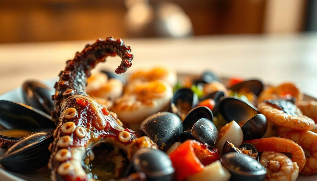 Dramatic close-up of a meticulously arranged plate showcasing a variety of succulent Mediterranean seafood dishes. In the foreground, a grilled octopus tentacle glistens with char and drizzled olive oil, surrounded by plump mussels, juicy shrimp, and tender squid. The middle ground features a medley of seared scallops, briny clams, and roasted red peppers, artfully presented. The background is softly blurred, highlighting the vibrant colors and textures of the seafood. Warm, golden lighting casts a soothing glow, evoking the sun-drenched coasts of the Mediterranean. The overall mood is one of rustic elegance and mouthwatering anticipation.