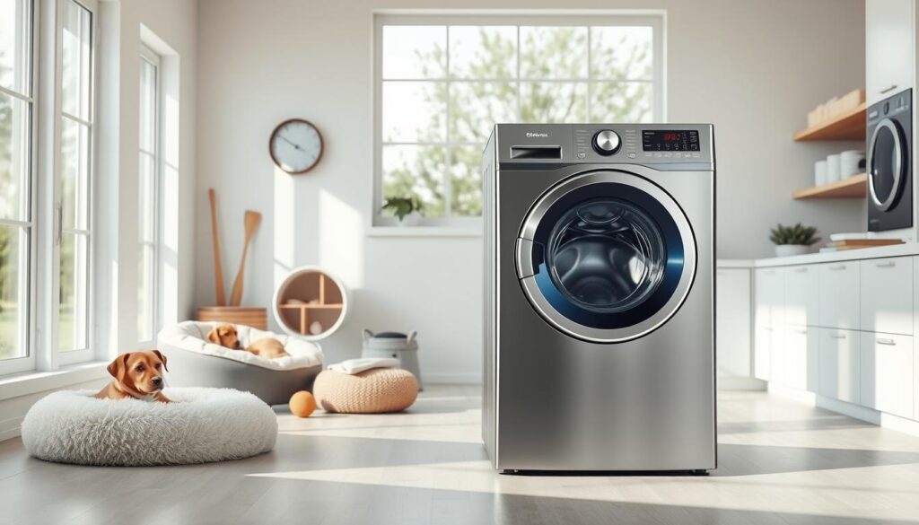 Electrolux pet-friendly washing machine situated in a modern, well-lit laundry room. The machine, rendered in sleek, brushed steel, stands prominently in the foreground, its contours and design elements captured in vivid detail. The middle ground features plush pet beds, toys, and accessories, suggesting a space tailored for both human and furry family members. The background showcases a clean, minimalist aesthetic with white walls, natural wood accents, and large windows that allow ample natural light to flood the room, creating a bright and welcoming atmosphere. The overall composition conveys a sense of functionality, comfort, and consideration for the needs of pet owners.