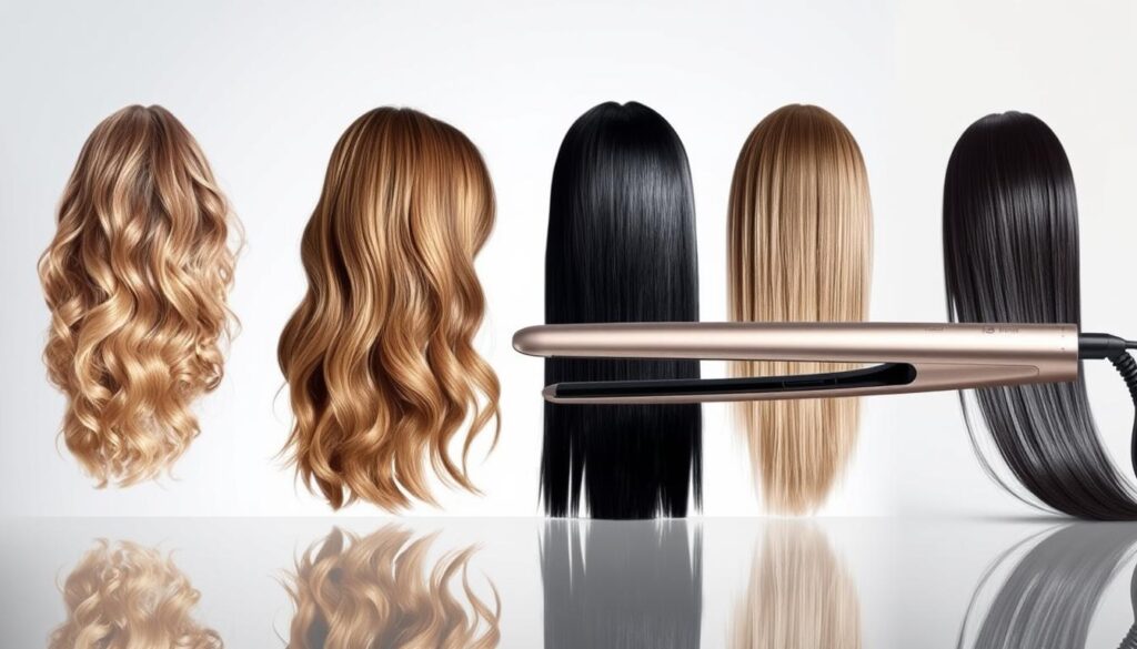 Elegant and sleek hair straightener in the foreground, showcasing different hair types and textures it can effortlessly style - from thick, wavy locks to fine, straight strands. The straightener is placed on a reflective surface, creating a clean, minimalist backdrop. Soft, directional lighting highlights the straightener's smooth metallic finish and the varied hair samples, conveying a high-end, premium aesthetic. The composition emphasizes the versatility and performance of the hair straightener, inviting the viewer to imagine how it would transform their own unique hair type.