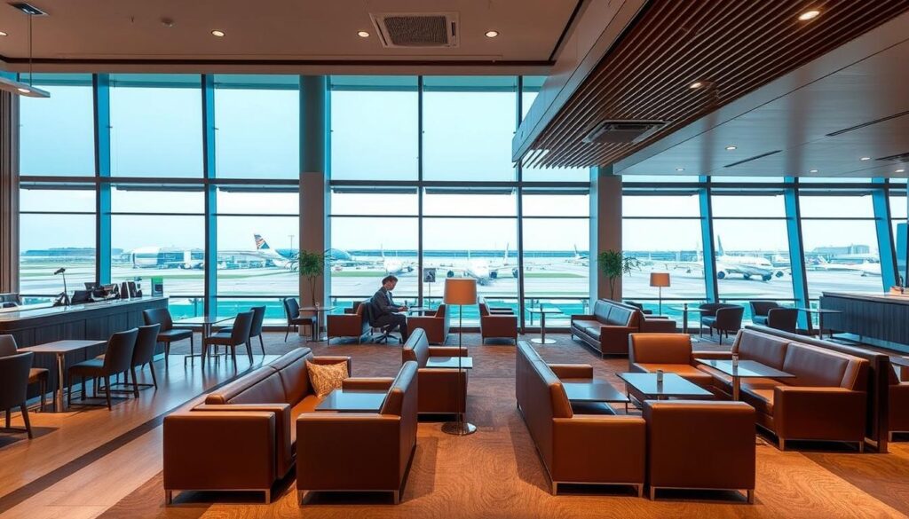 Elegant and spacious SATS Premier lounges in Singapore Airport's Terminals 2, 3, and 4. Plush leather seating, warm lighting, and subtle contemporary decor create a refined, comfortable atmosphere. A buffet of gourmet international cuisine, a well-stocked bar, and ample workspace with high-speed internet cater to the discerning traveler. Expansive floor-to-ceiling windows offer panoramic views of the bustling airport tarmac. Soft natural light filters in, complementing the rich wood accents and neutral color palette. A tranquil oasis of relaxation and productivity amidst the airport hustle and bustle.