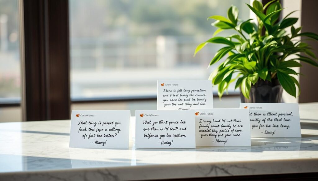Elegant marble countertop with a tasteful arrangement of client testimonials displayed on crisp white cards, each featuring a warm, handwritten review praising the family law expertise and exceptional service of a trusted legal professional. Soft, natural lighting from a large window casts a serene glow, while a verdant potted plant adds a touch of life to the refined, professional setting. The composition is balanced, with the reviews taking center stage, conveying a sense of reliability, quality, and client satisfaction.