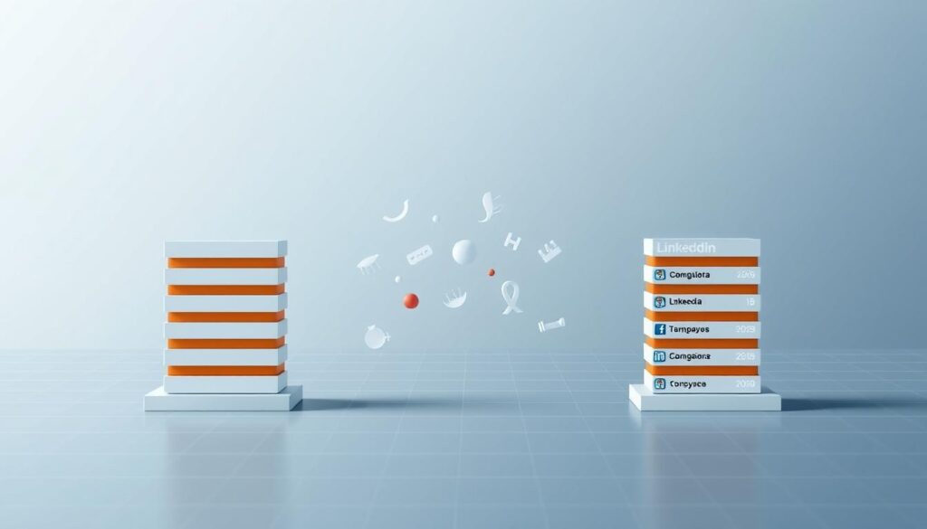 Employer rankings comparison: a sleek, minimalist data visualization contrasting Statista's and LinkedIn's top employer lists. In the foreground, two stacked bar charts show the rankings side-by-side, with subtle color-coding to distinguish the data sources. The middle ground features elegant, floating data points representing the companies, their positions shifting dynamically between the two rankings. In the background, a muted, geometric grid pattern provides a clean, professional backdrop, bathed in cool, directional lighting that casts gentle shadows, conveying a sense of authority and credibility. The overall composition strikes a balance between analytical clarity and visual sophistication, well-suited to illustrate the comparison of these prominent employer reputation rankings.