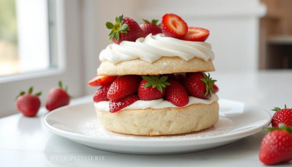 Flor Patisserie: a delectable strawberry shortcake, its fluffy sponge cake layered with fresh, juicy strawberries and luscious whipped cream. The cake is presented on a white porcelain plate, the light from a large window softly illuminating the scene. The strawberries gleam with natural sweetness, their ruby hues complemented by the pristine white cream. A dusting of powdered sugar adds a final touch of elegance. The composition is balanced, with the cake taking center stage against a minimalist background, allowing the viewer to focus on the artistry and craftsmanship of this exquisite dessert.