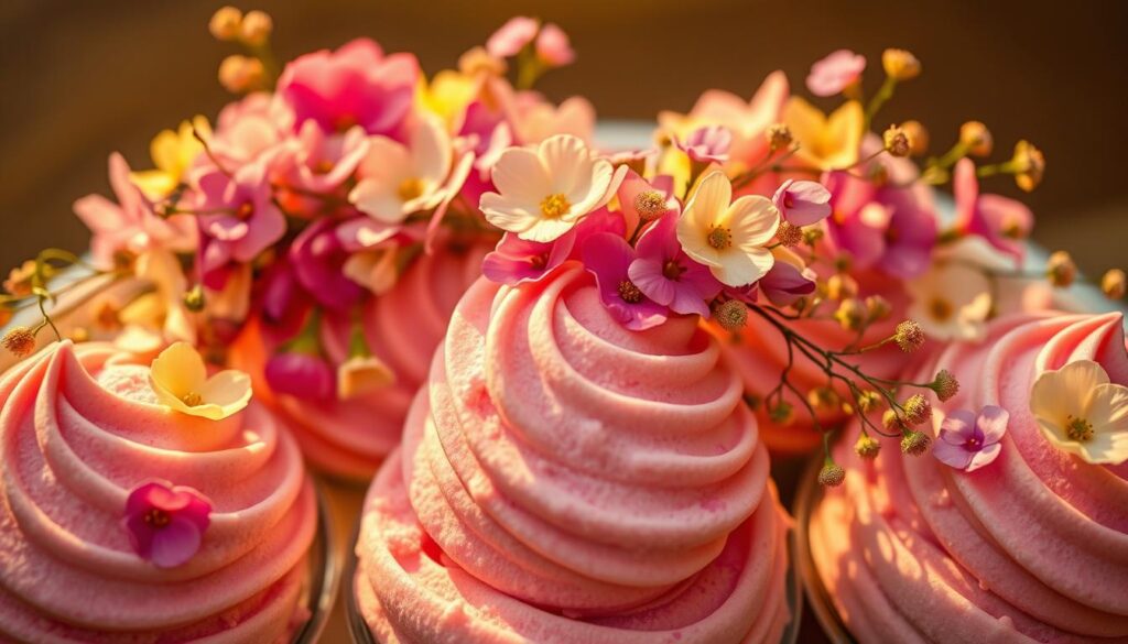 Floral ice cream creations, a whimsical fusion of nature's bounty and frozen delights. A lush, vibrant arrangement of blooming flowers in shades of pink, lavender, and soft yellow, cascading gracefully over scoops of velvety ice cream. Captured in warm, golden lighting that casts a dreamy, enchanting glow, the scene evokes a sense of indulgence and delight. The camera angle is slightly elevated, providing a birds-eye view that showcases the intricate, artful presentation. The overall atmosphere is one of elegance, sophistication, and a touch of playfulness, perfectly suited to a dessert haven in the heart of East Singapore.