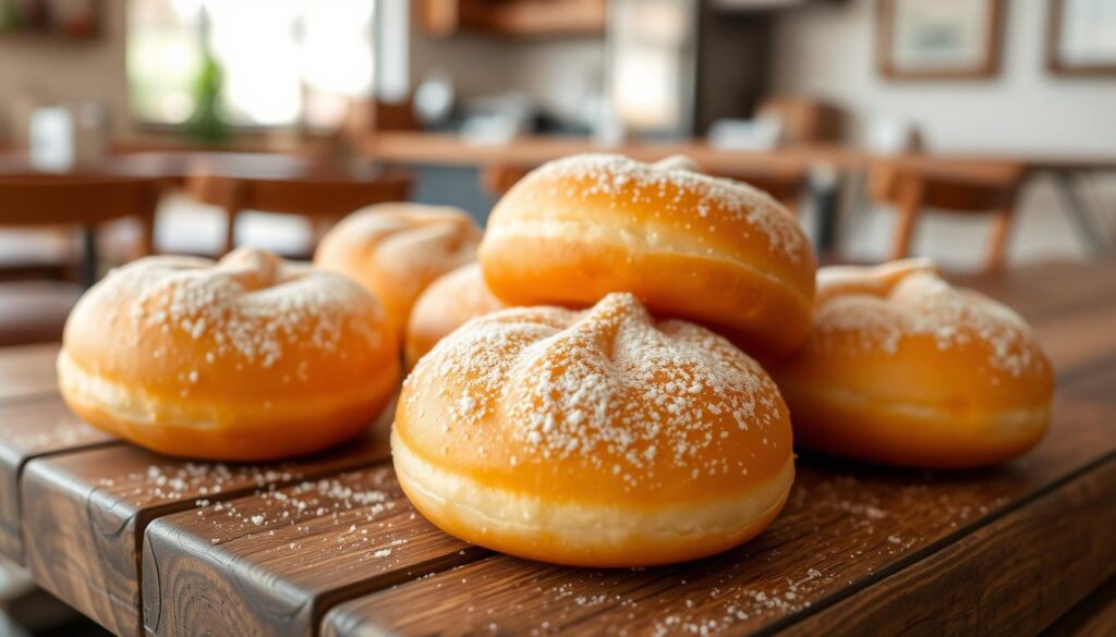 Freshly baked Taiwanese-inspired fluffy donuts, golden-brown with a light dusting of powdered sugar, sitting atop a rustic wooden table. The donuts are arranged in a casual, artful manner, with their pillowy soft texture and delicate folds visible under the warm, natural lighting. In the background, a blurred out cafe setting suggests a cozy, inviting atmosphere, hinting at the care and craftsmanship that went into these delectable treats. The overall scene evokes a sense of homemade comfort and taiwanese-influenced whimsy.