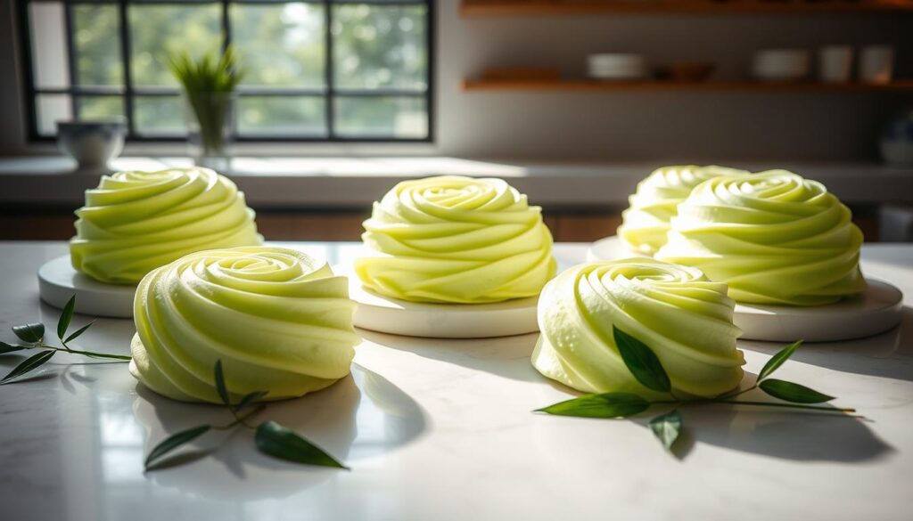 Freshly baked pandan chiffon cakes, their vibrant green hue radiating on a white marble counter. The cakes' ethereal, airy texture is accentuated by natural lighting streaming in from a large window, casting a soft glow. Delicate pandan leaves are artfully arranged around the cakes, their fragrance wafting through the air. In the background, a minimalist, modern bakery setting with clean lines and muted tones provides a sophisticated backdrop. The overall composition evokes a sense of elegance and attention to detail, befitting the finest pandan chiffon cakes in Singapore.