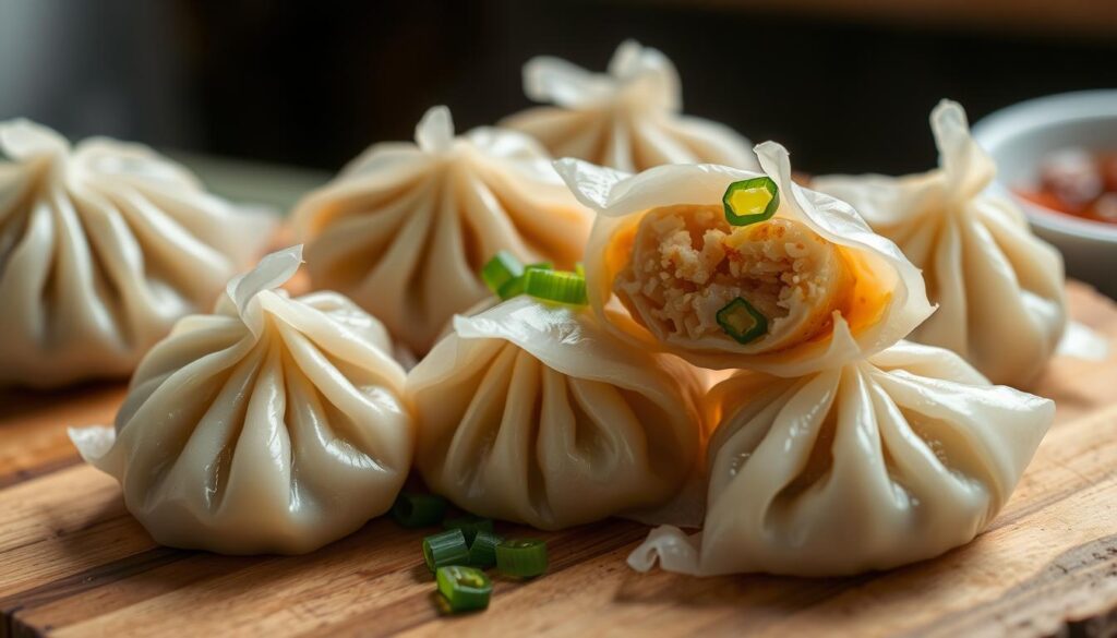 Freshly hand-rolled fish dumplings, delicately wrapped in translucent dough, glistening with a light sheen. The plump, juicy dumplings are arranged artfully on a rustic wooden serving board, accompanied by a vibrant green garnish of chopped scallions. Soft, diffused lighting casts a warm, inviting glow, highlighting the intricate textures and natural colors. The scene evokes the comforting flavors and homemade charm of a beloved neighborhood eatery, like the legendary Song Kee Fishball Noodle in Singapore's Northside.